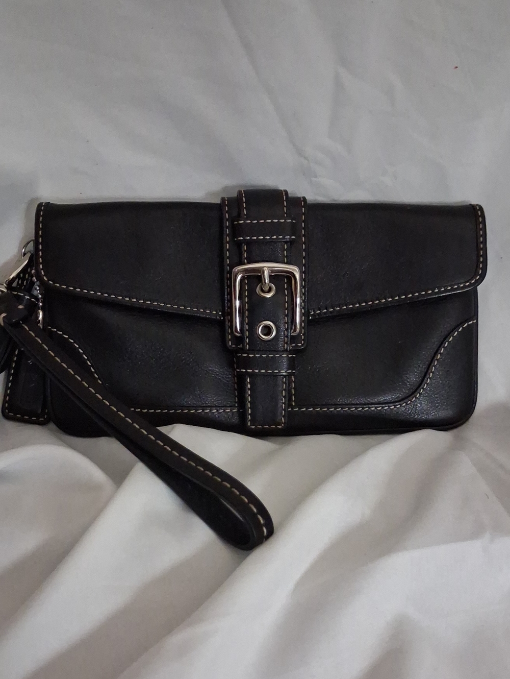 Coach Black Leather Wristlet Clutch with Buckle Strap